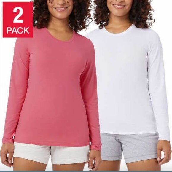 NEW 32 Degrees Women's Air Mesh Long Sleeve Crew Neck 2 Pack White/Almond Coral - Picture 1 of 4
